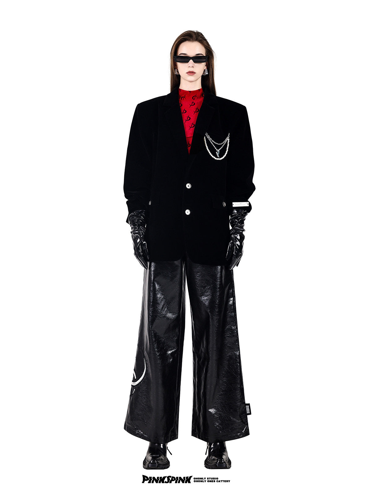 PINKSPINK DEAN pearl-chain velvet blazer — black full-length front view styled with wide-leg trousers