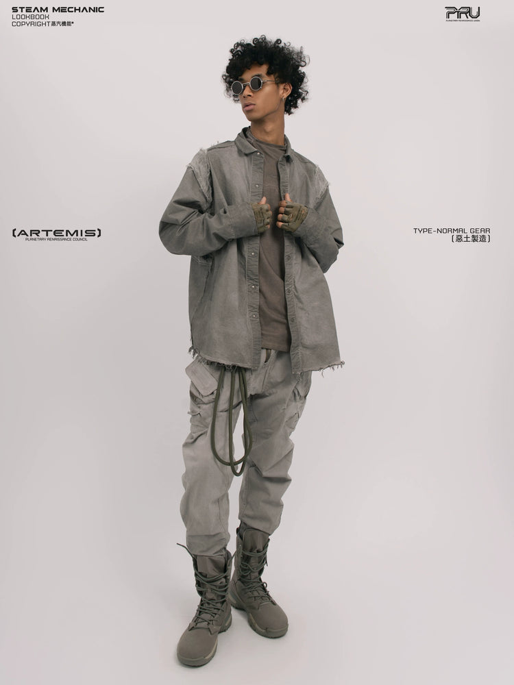 CHAOS ERA moon dust gray raw-edge technical shirt — rear modeled view
