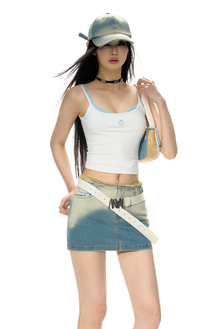 NAWS ECLIPSE gradient denim mini skirt — cleaned hero collage showing the complete design