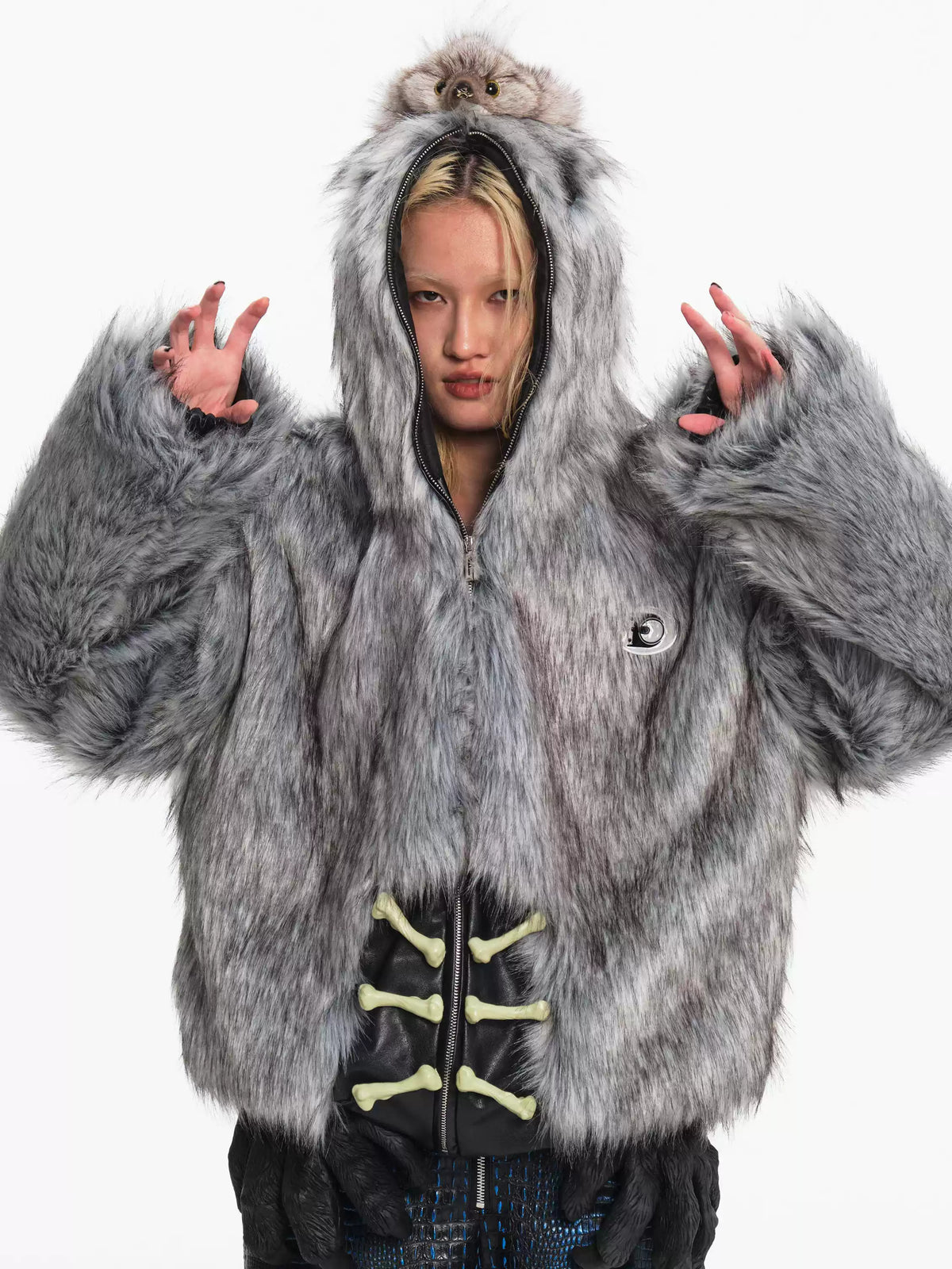 EMBRYO ANIMAL SHELL hooded faux-fur jacket — alternate styled presentation