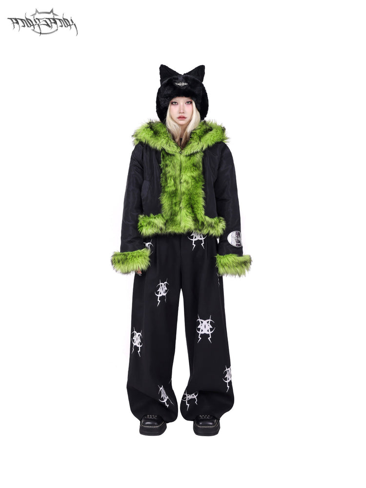 PINKSPINK NEON BEAST reversible faux-fur hooded jacket — cleaned hero collage showing the complete design