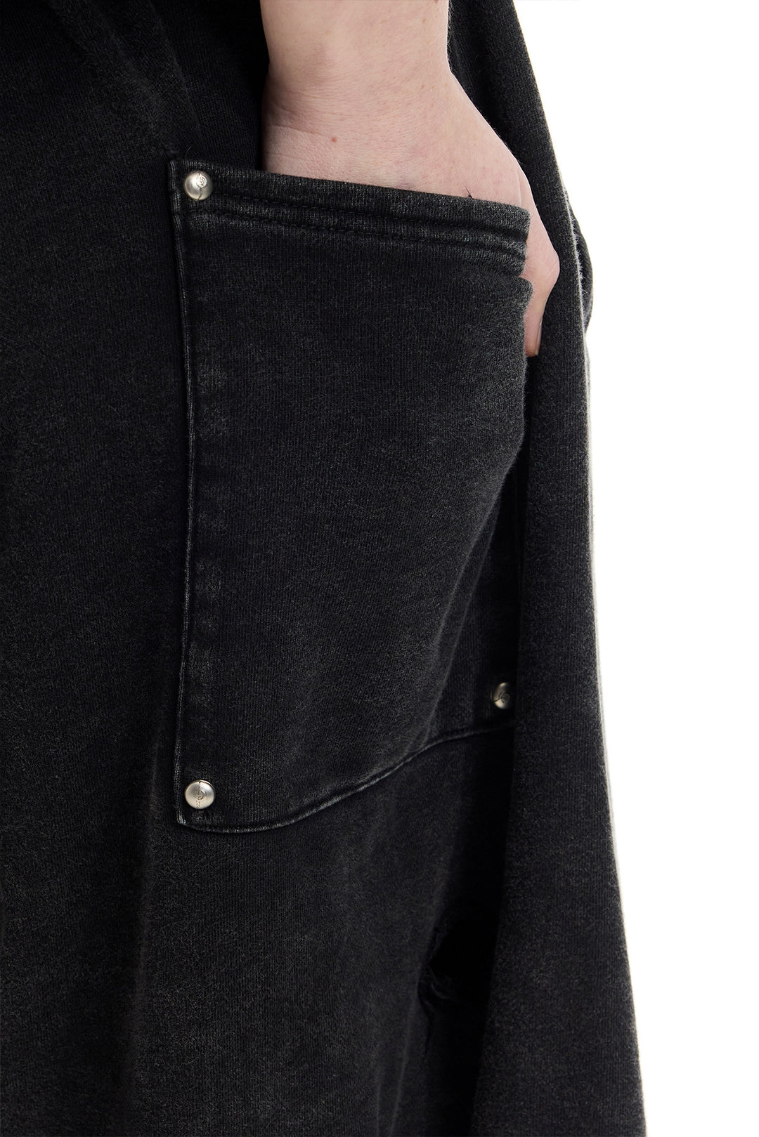 PINKSPINK ELECTRIC MOON distressed embroidered wide-leg shorts — black — close-up of the studded rear pocket