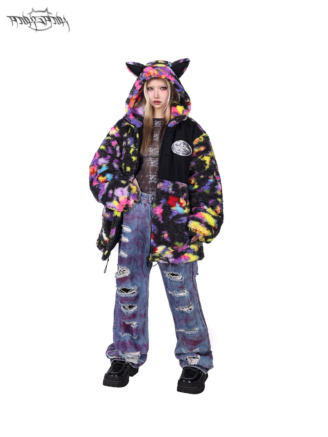 PINKSPINK SPHYNX rainbow cat-ear sherpa jacket — close modeled view highlighting the construction