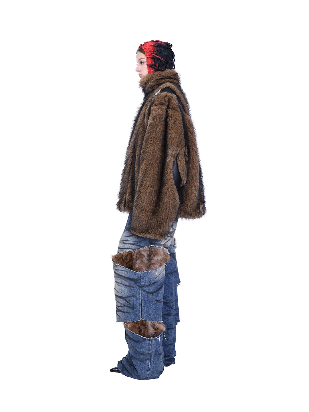 LEOPARD FUR LAYERED LOW-WAIST DENIM