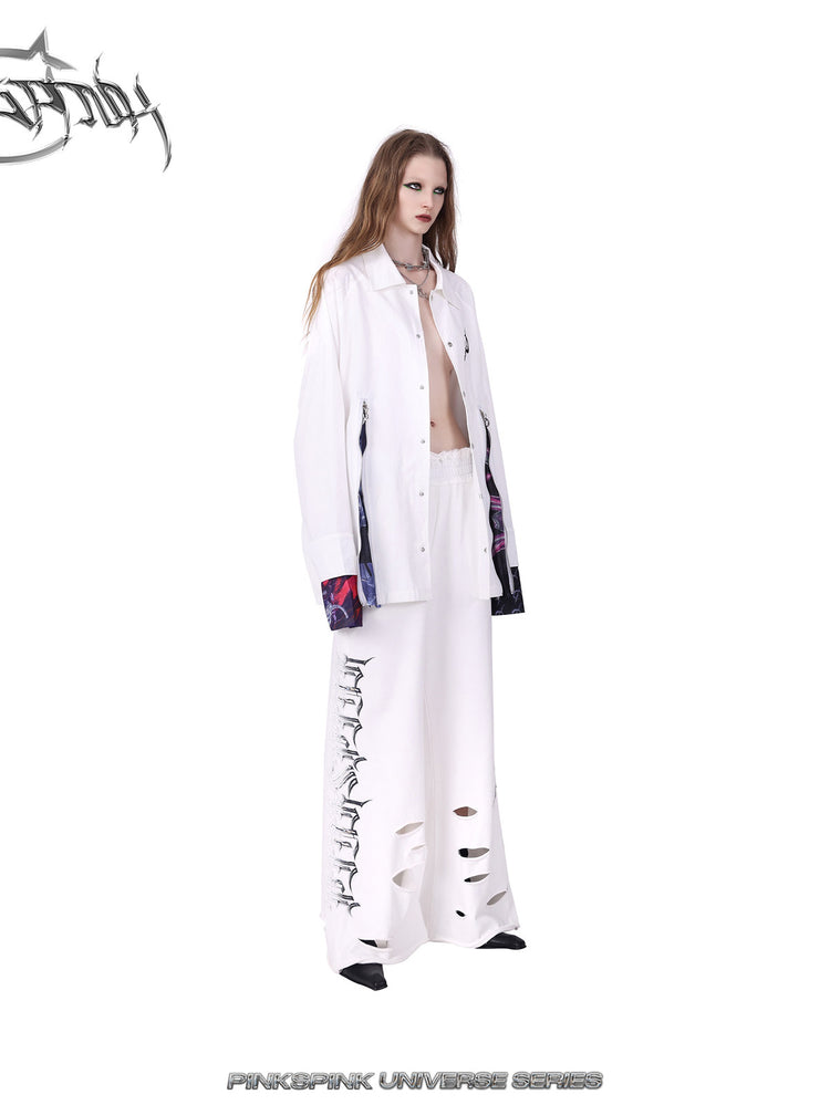 PINKSPINK COSMOS zip-panel white trench coat in white — front three-quarter modeled view with white pants