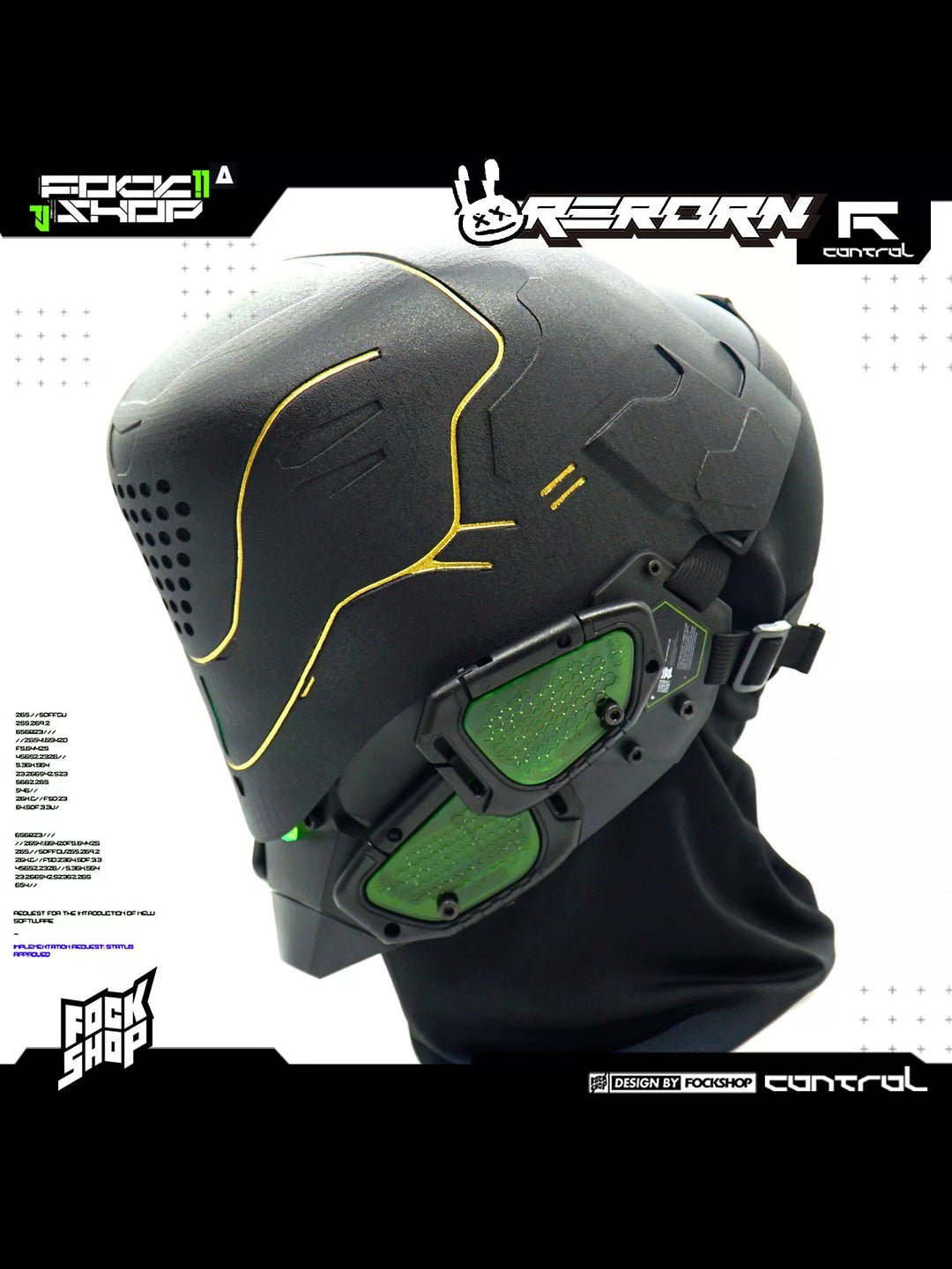 FOCKSHOP PROPHECY illuminated cyber mask in gold-line green — three-quarter product view showing the vented faceplate and translucent cheek panels