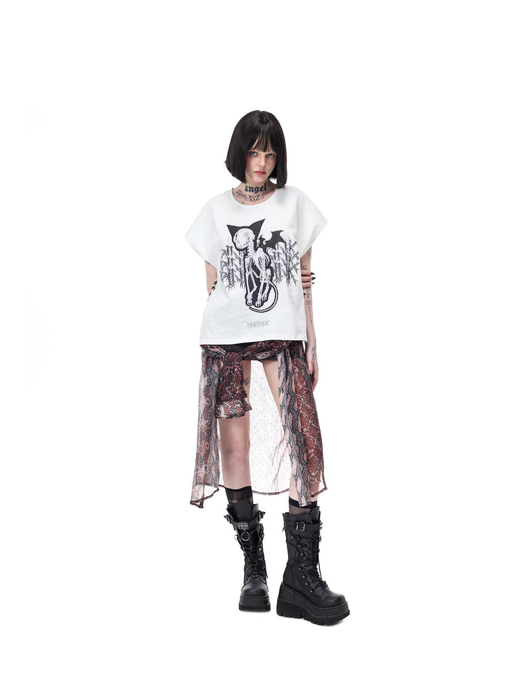 PINKSPINK DEVILCAT leopard-back graphic tee in white — full-length angled front modeled pose with one hand behind the back
