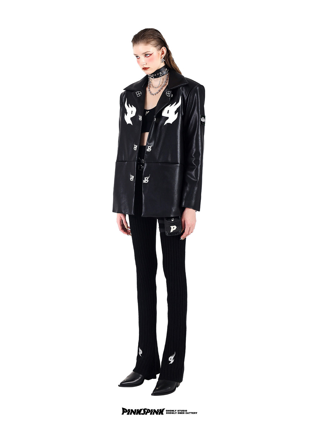 PINKSPINK SPIKE RING studded chain choker in black — three-quarter full-length modeled view with a black buckle jacket