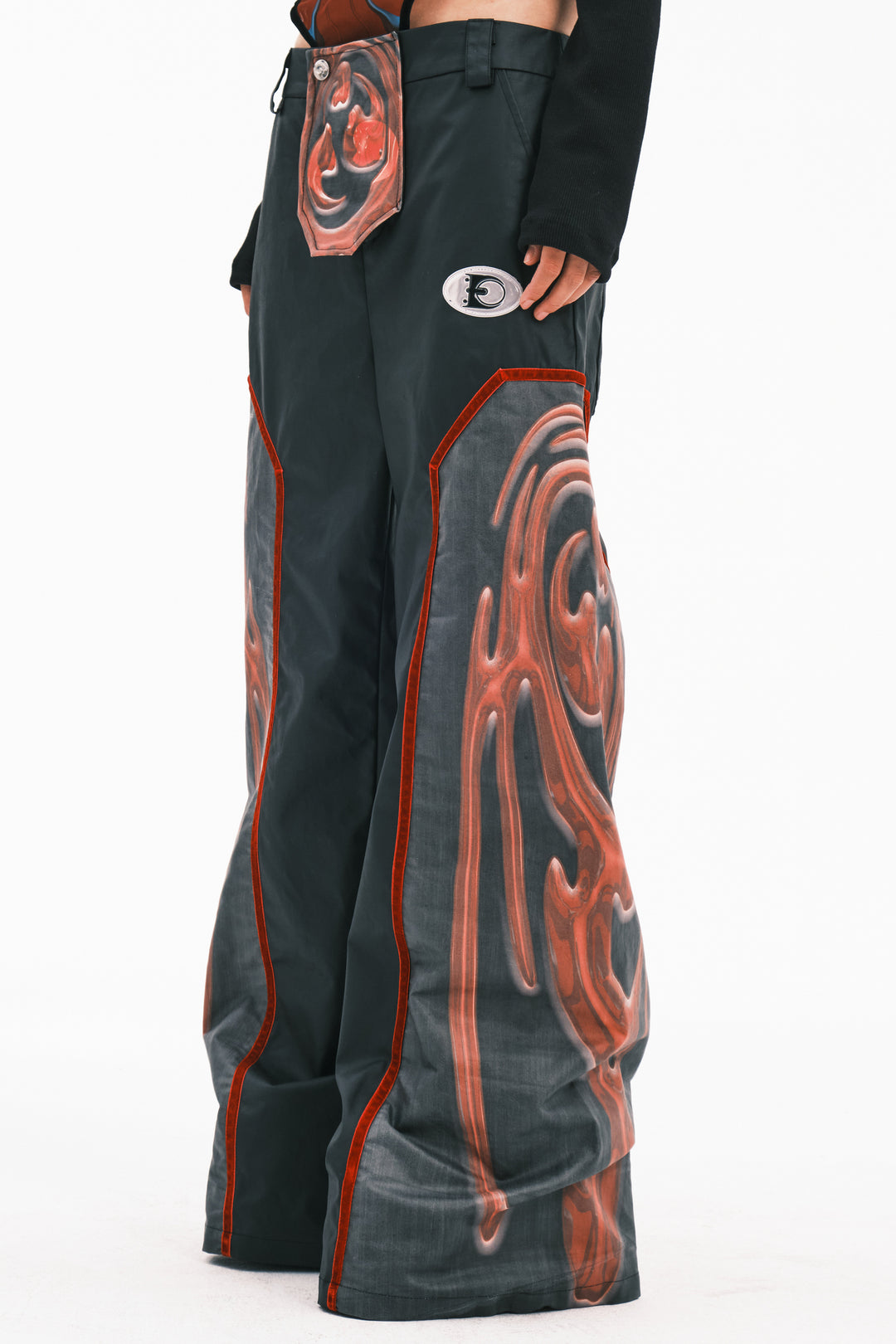 EMBRYO RED TOTEM coated wide-leg pants — full-length modeled view