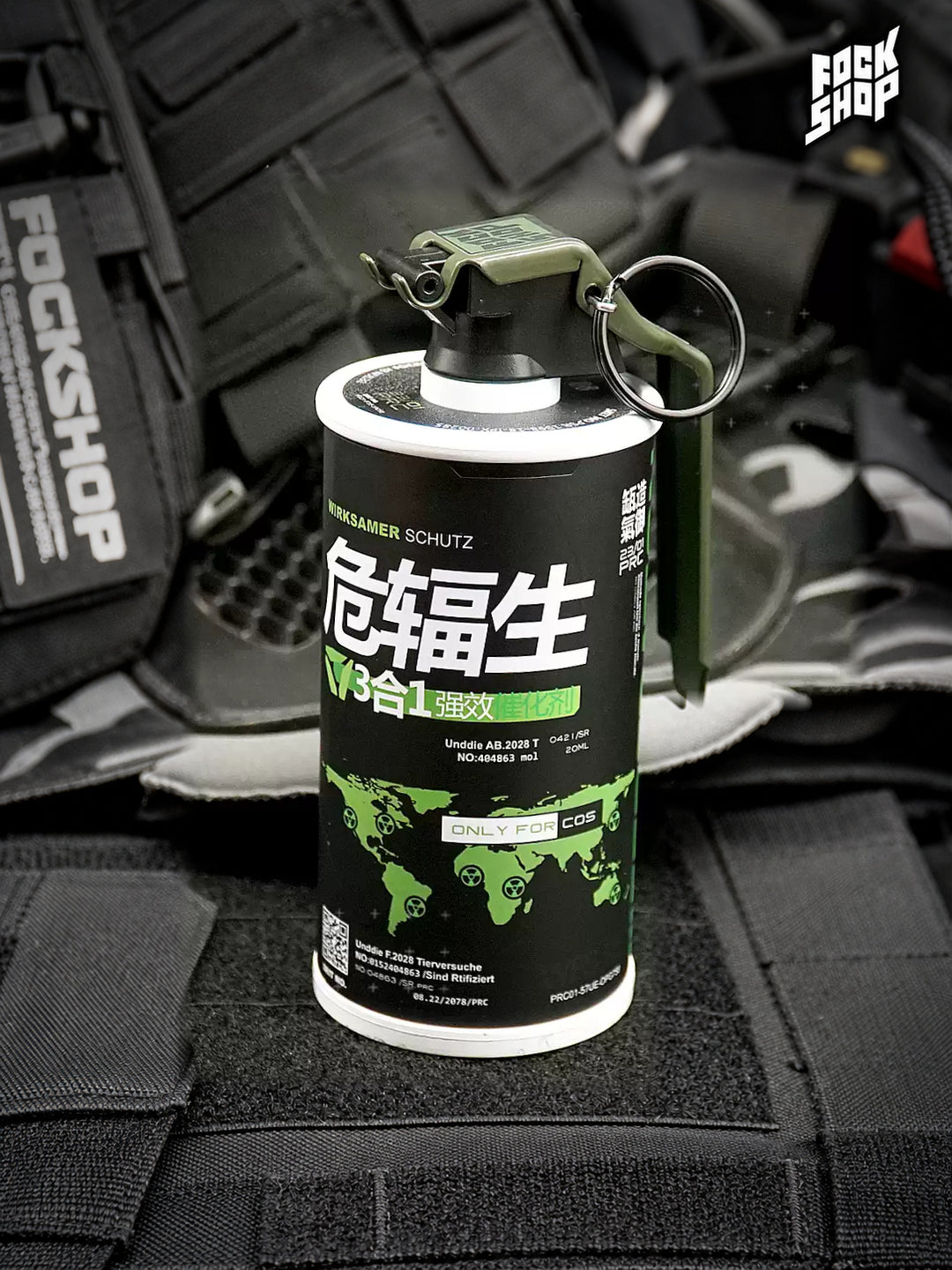 FOCKSHOP REBORN reactor canister prop — BLACK GREEN canister front view with olive clip, ring and white end rims