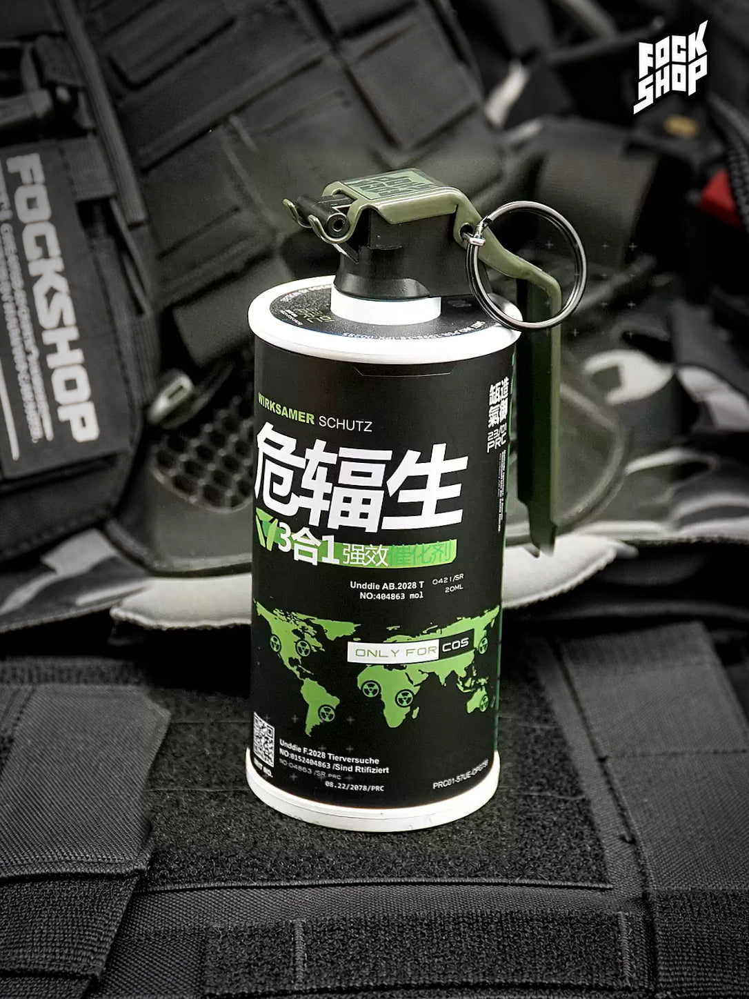 FOCKSHOP REBORN reactor canister prop — BLACK GREEN canister front view with olive clip, ring and white end rims