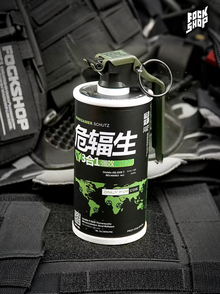 FOCKSHOP REBORN reactor canister prop — BLACK GREEN canister front view with olive clip, ring and white end rims
