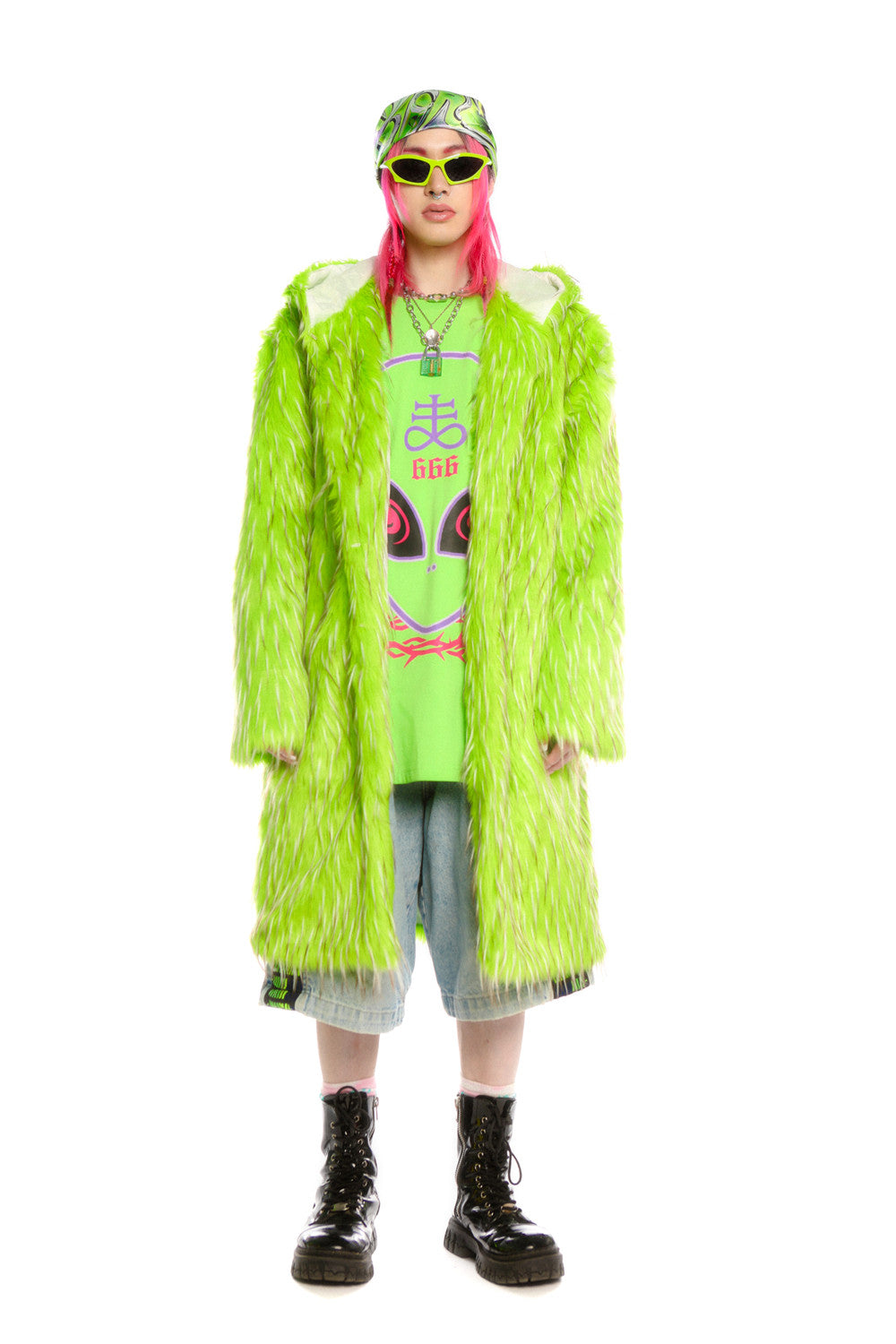 DEADENDKIDS ALIEN LIME long faux-fur hooded coat — full-length modeled view