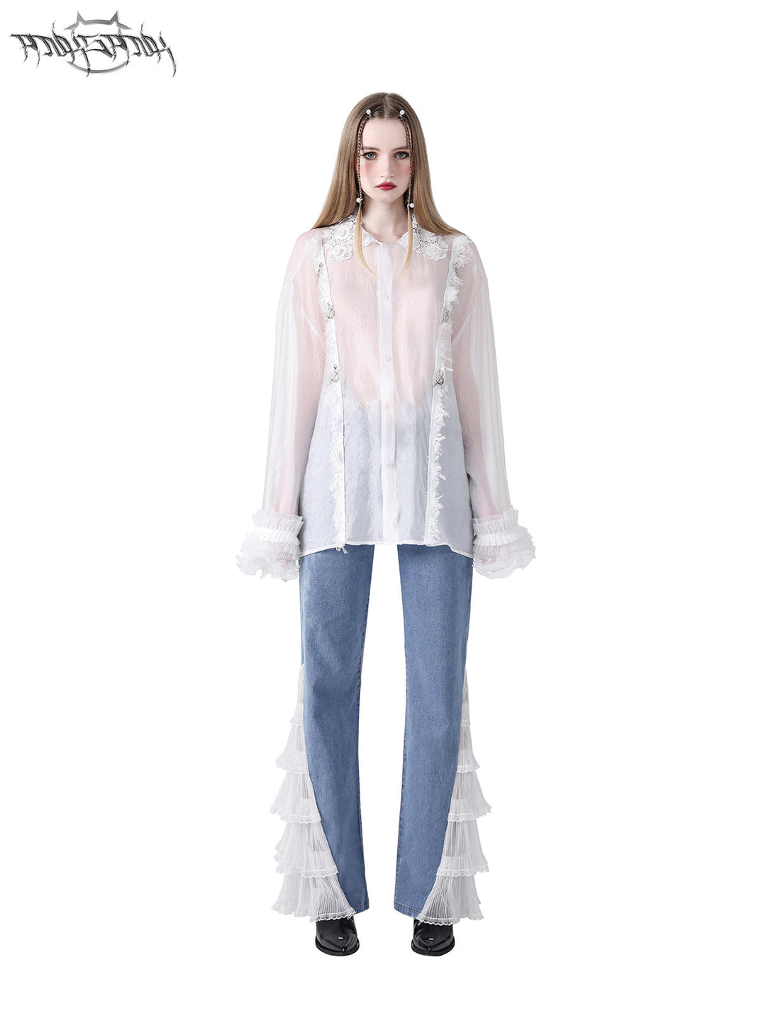 PINKSPINK FAIRY lace-trim sheer blouse — front full-length modeled view showing the loose silhouette