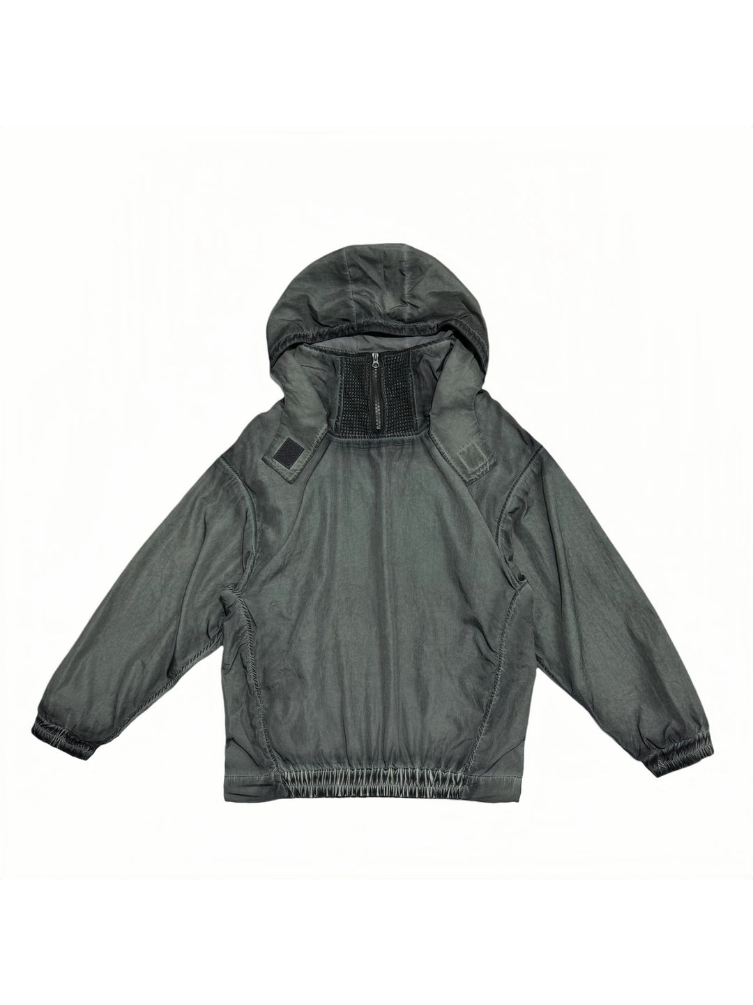 PIONEER detachable-hood mesh hoodie in moon shadow blue — front flat-lay showing the moon-blue panel construction, short collar zipper and hood