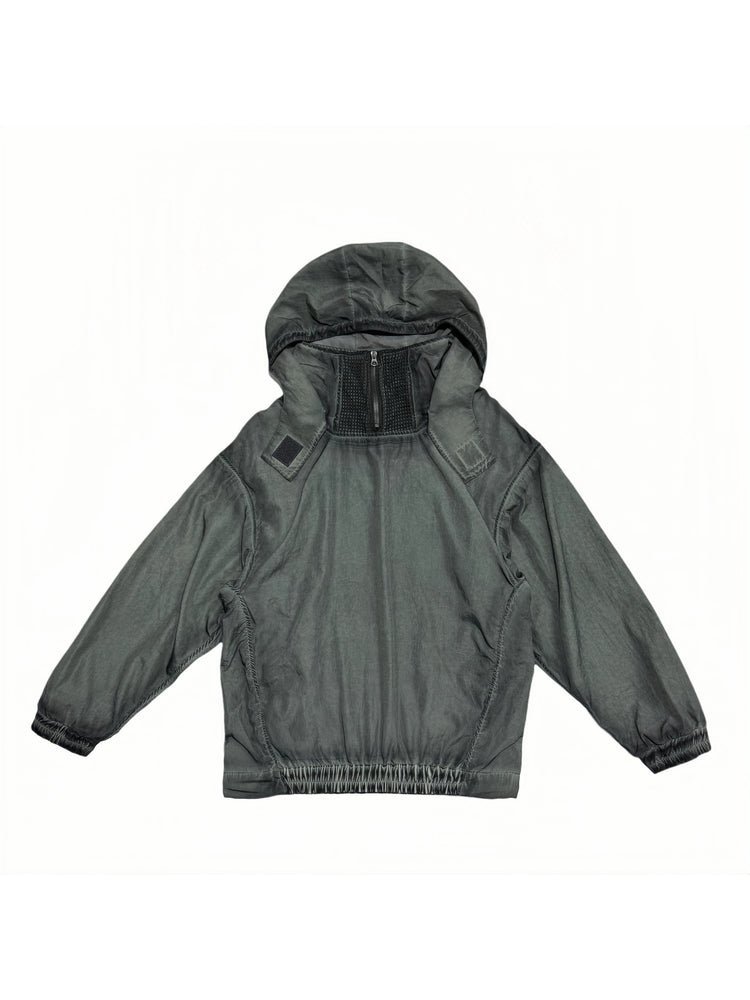 PIONEER detachable-hood mesh hoodie in moon shadow blue — front flat-lay showing the moon-blue panel construction, short collar zipper and hood
