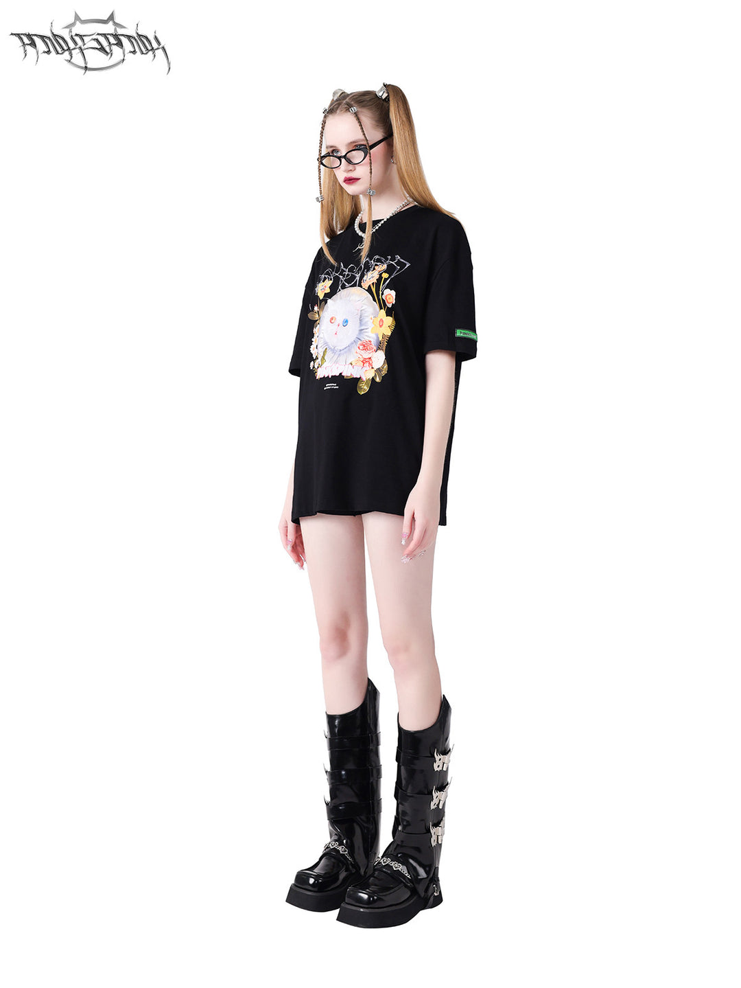 PINKSPINK GARFIELD oversized graphic tee — black side full-length modeled view