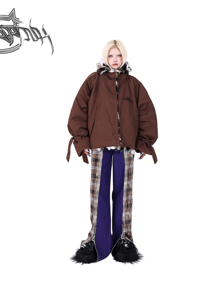 PINKSPINK DNA purple plaid split-panel wide-leg pants — front full-length modeled view with arms relaxed