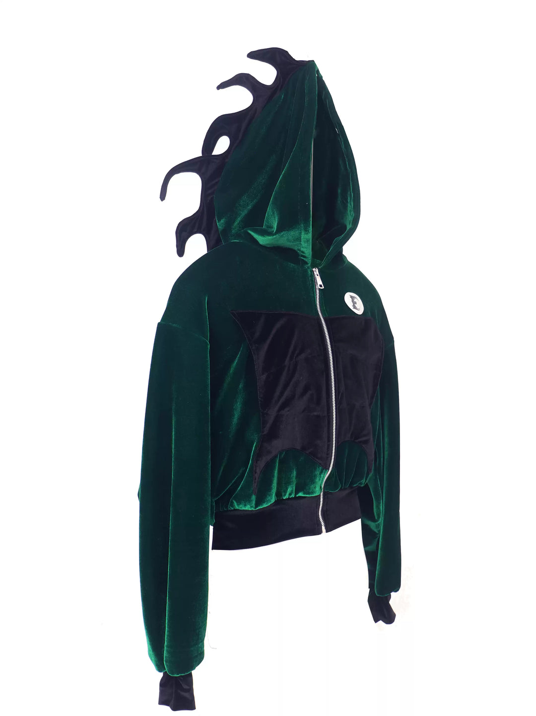 EMBRYO GREEN SPIKE cropped velvet hoodie — construction detail