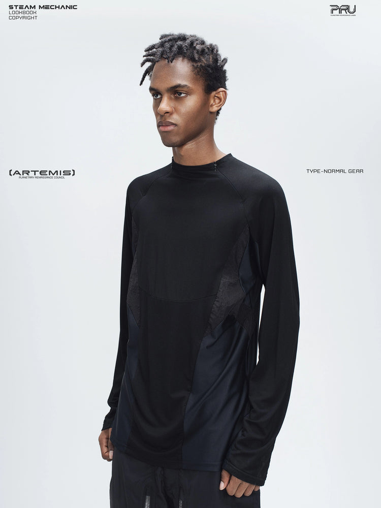 ARTEMIS stardust black stretch technical base-layer top — opposite three-quarter modeled view of the tonal panel construction