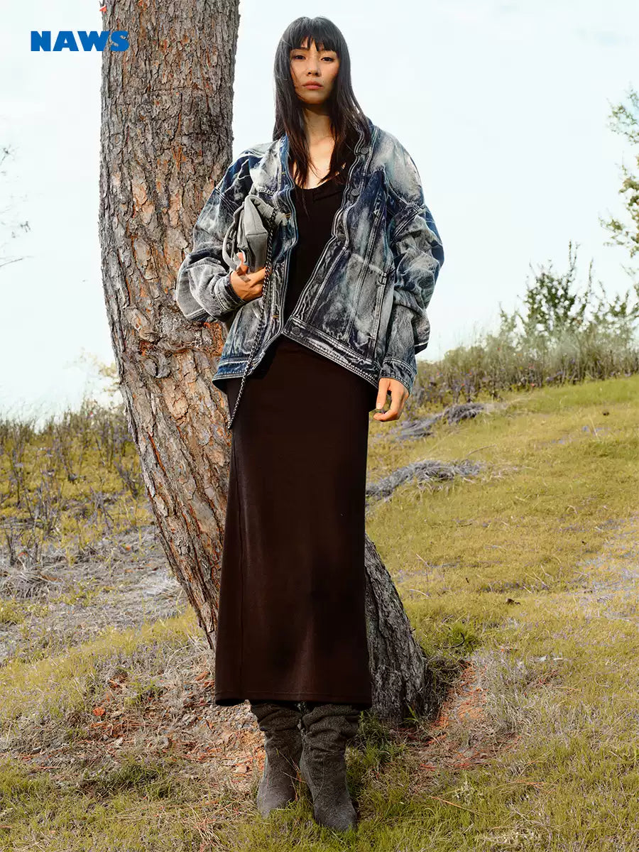 NAWS VOLCANO washed denim stand-collar jacket — alternate modeled view showing the silhouette