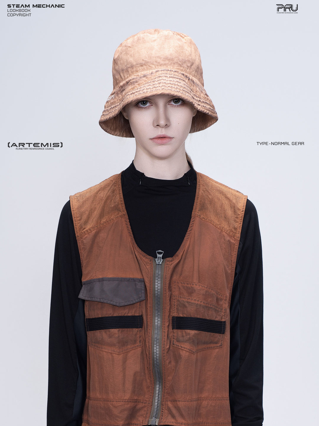 PIONEER venus orange distressed nylon bucket hat — front portrait showing the washed orange crown and stitched brim