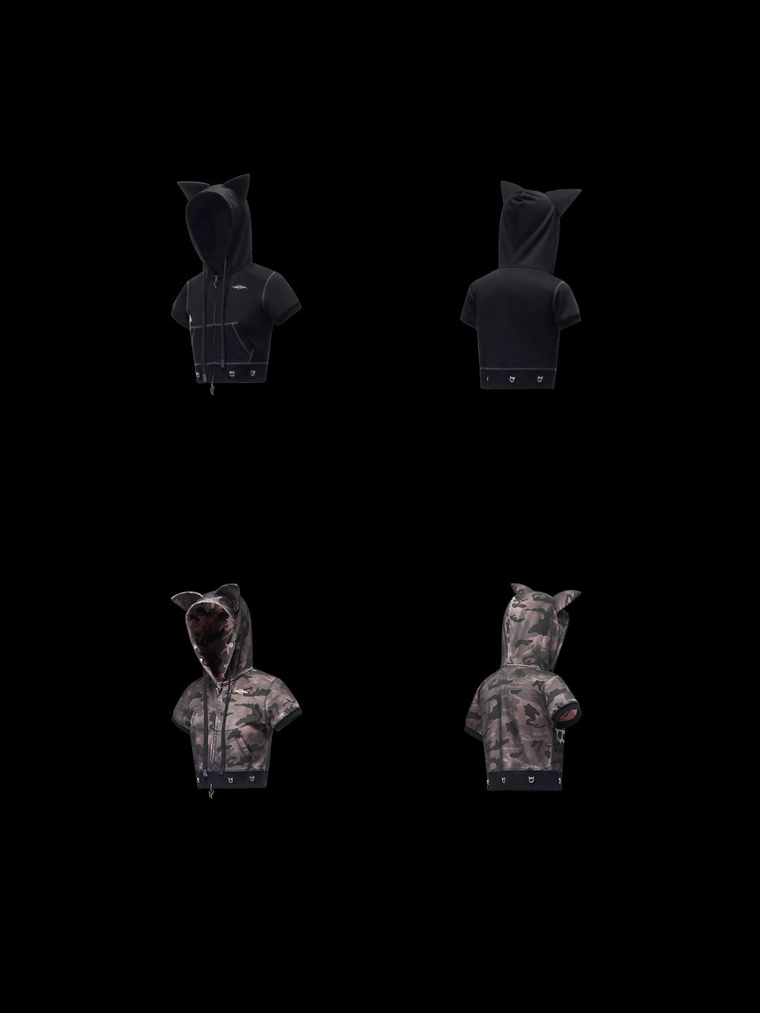 PINKSPINK CATPAW cropped cat-ear zip hoodie in black and gray-brown camouflage — garment-only front and back comparison on a clean black background