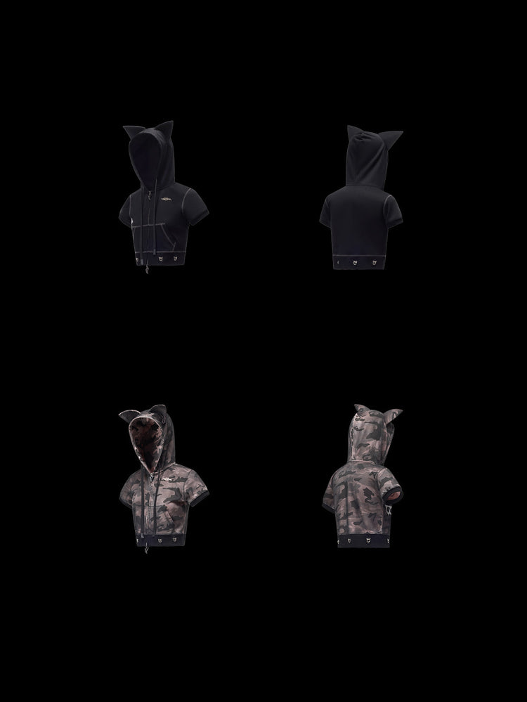 PINKSPINK CATPAW cropped cat-ear zip hoodie in black and gray-brown camouflage — garment-only front and back comparison on a clean black background