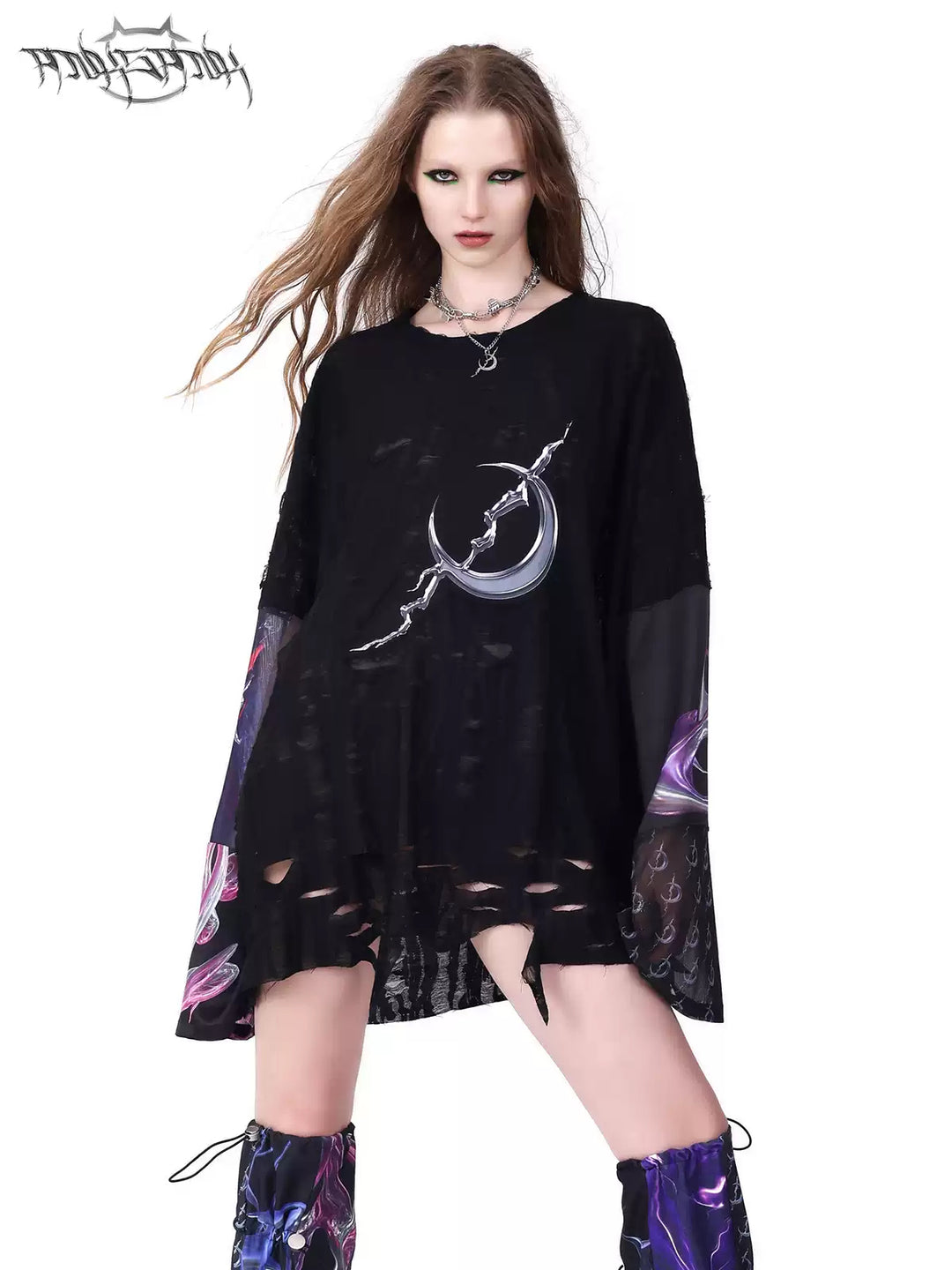 PINKSPINK ELECTRIC MOON layered alloy necklace in silver — modeled view layered over a black graphic top
