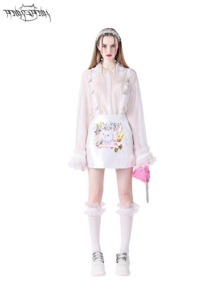 PINKSPINK FAIRY pearl-trim lace headband — front styled view with the matching sheer blouse and mini skirt