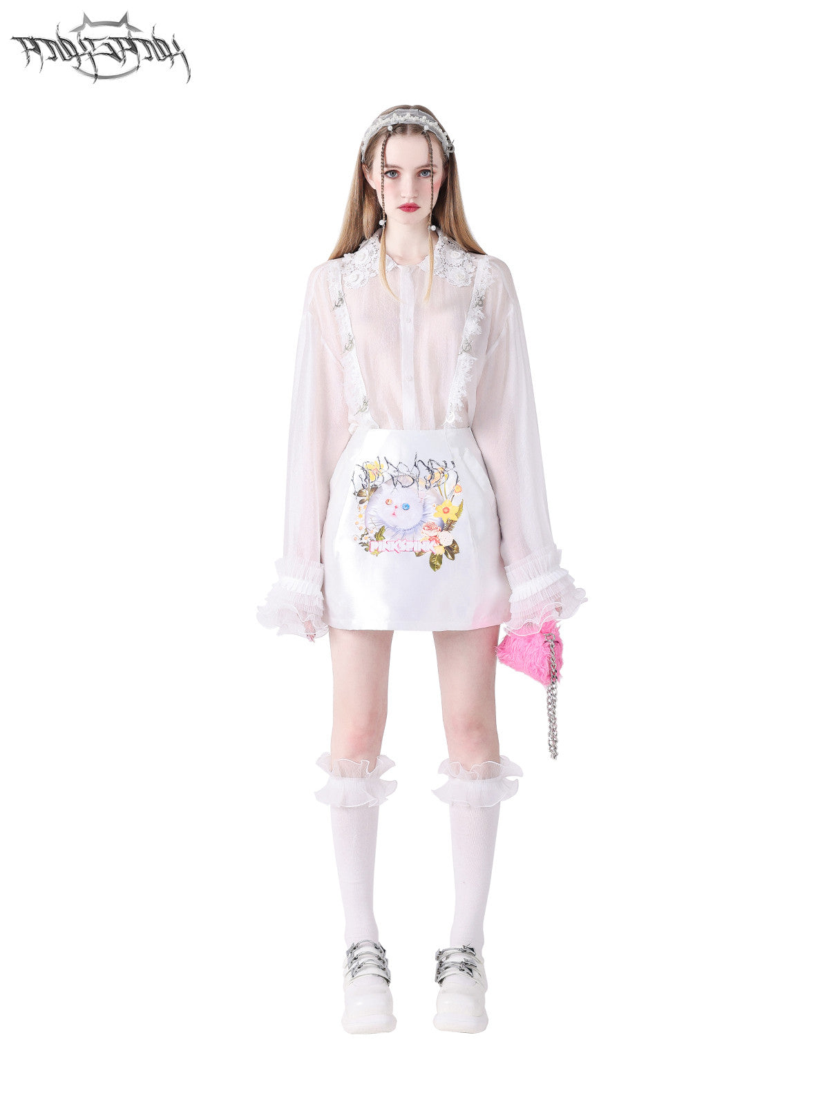 PINKSPINK GARFIELD graphic mini skirt — white full-length front view styled with the FAIRY blouse