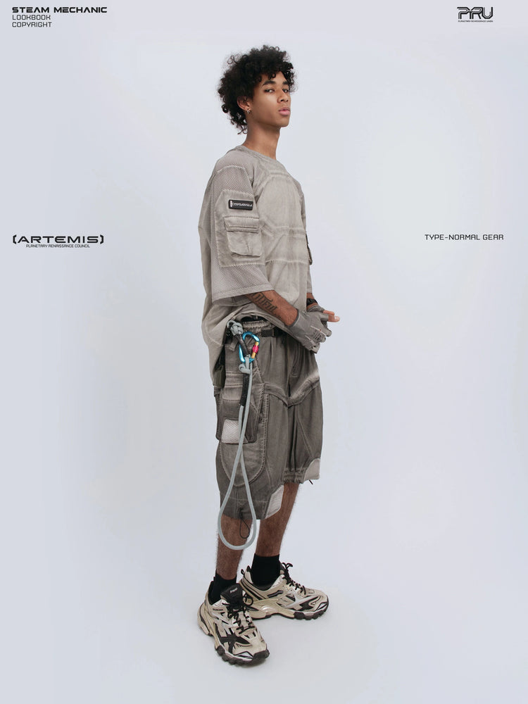 STARCORE xirang brown velcro mesh tee — full-length side modeled view showing sleeve pocket