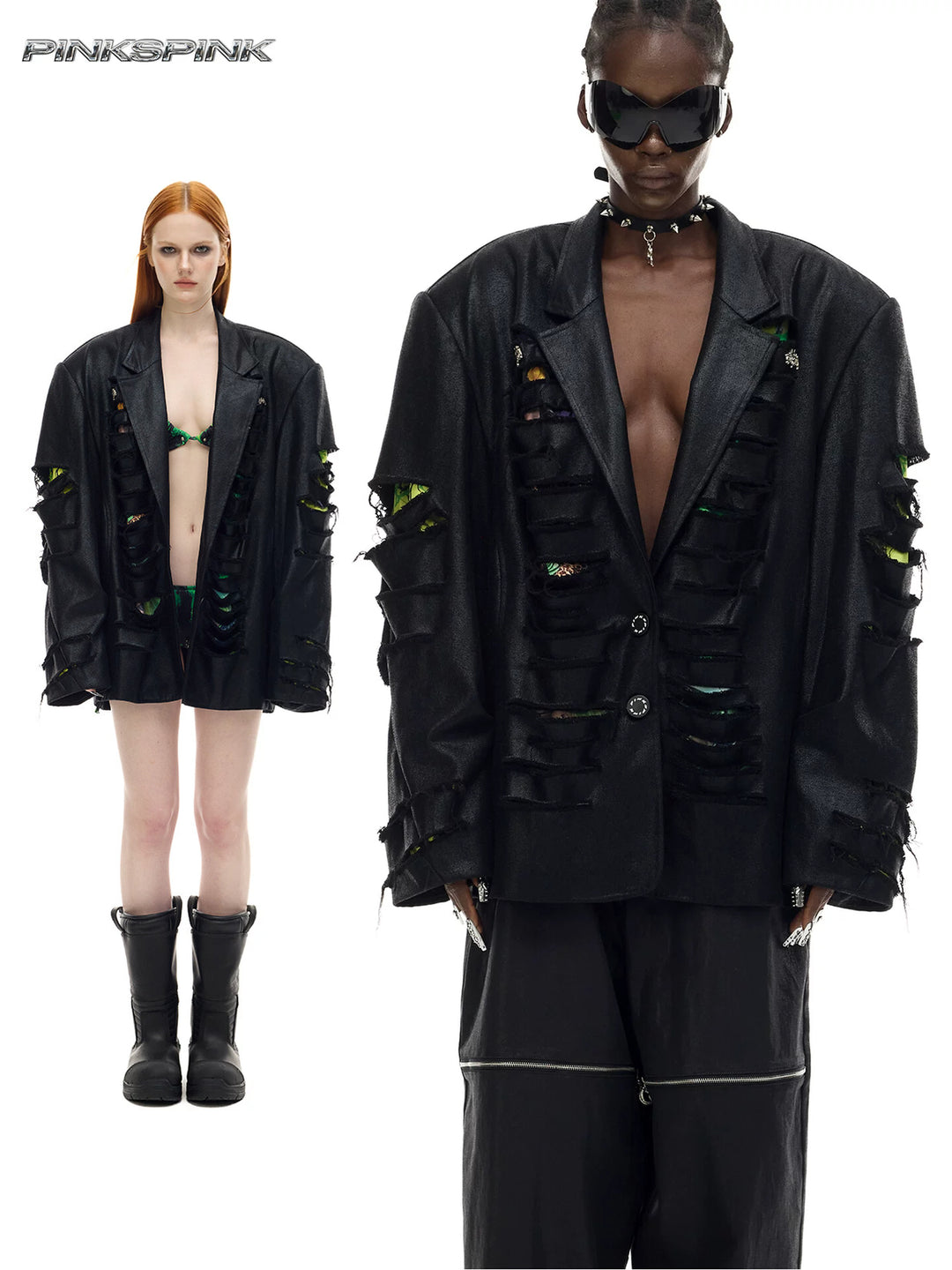 PINKSPINK BREACH distressed coated oversized blazer in black — collage of open and buttoned modeled looks showing the oversized distressed blazer