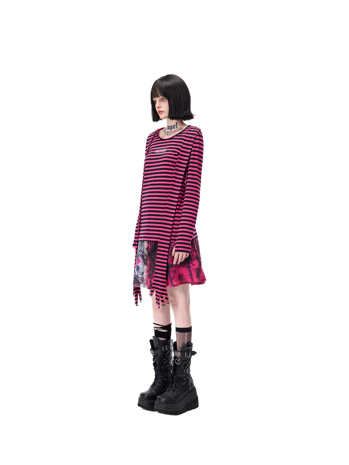 PINKSPINK GHOSTHAND striped glove-sleeve tee in pink and black — full-length side modeled view of the long panels over a separate skirt