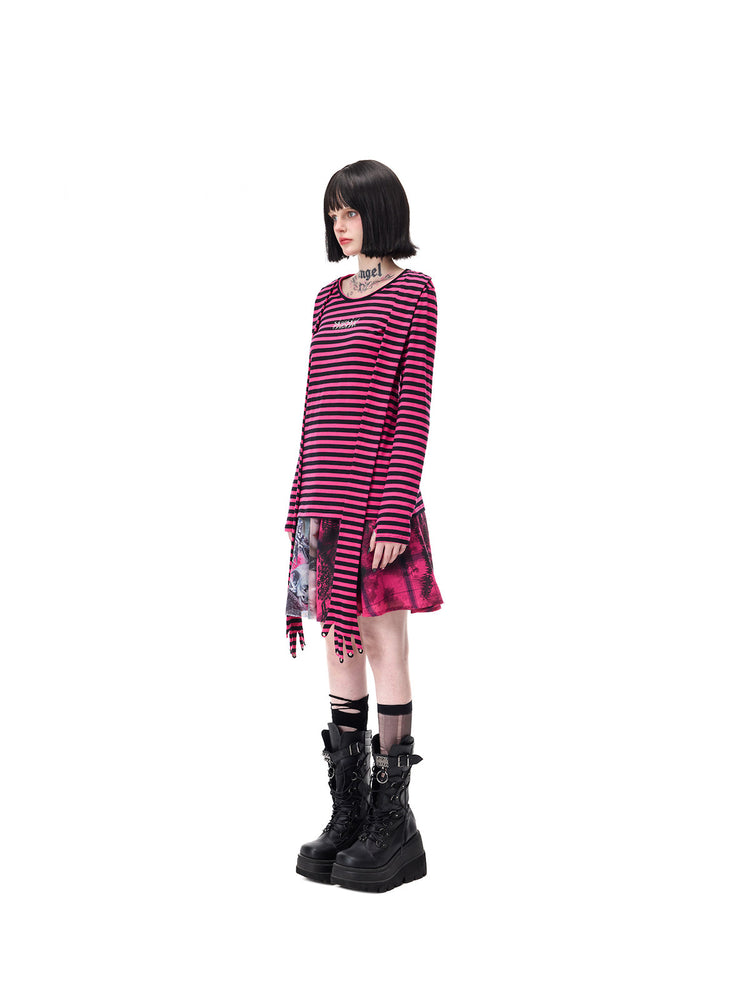 PINKSPINK GHOSTHAND striped glove-sleeve tee in pink and black — full-length side modeled view of the long panels over a separate skirt