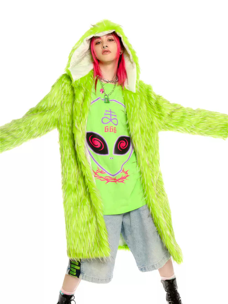 DEADENDKIDS ALIEN LIME long faux-fur hooded coat — alternate product presentation