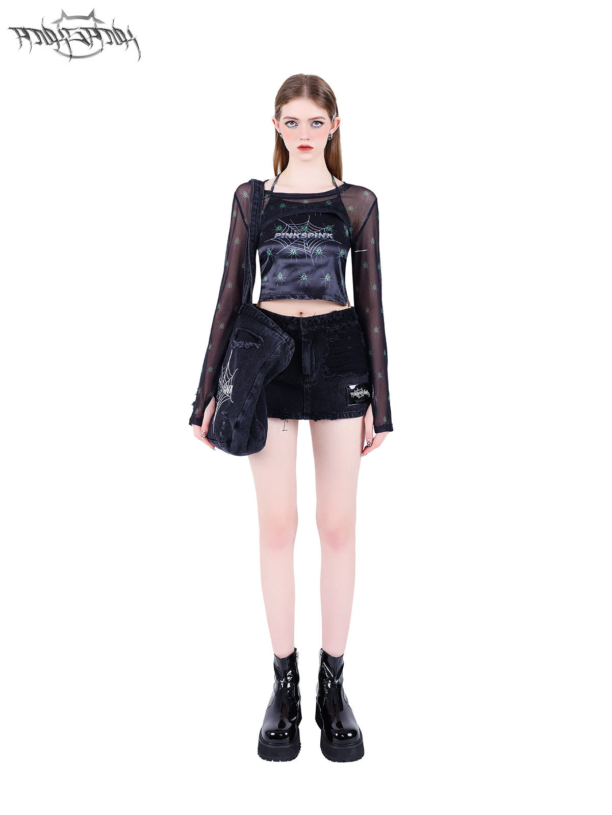 PINKSPINK SPIDER web-mesh long-sleeve shrug — front full-length modeled view styled with a denim tote
