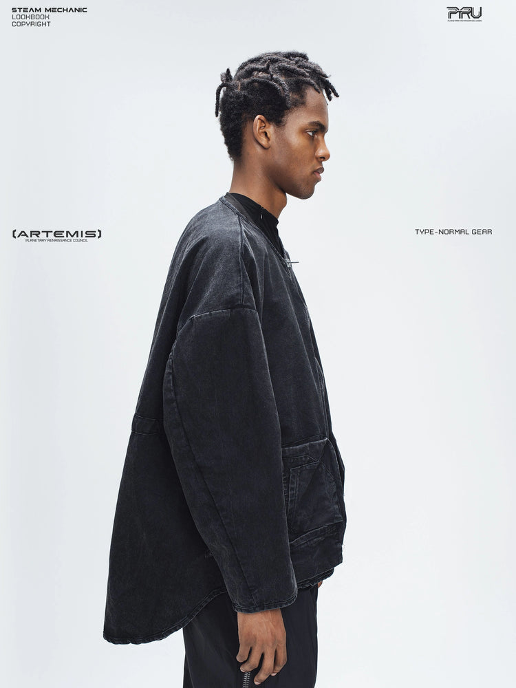 GAIA night black priest zip robe jacket — side modeled view showing the extended back hem
