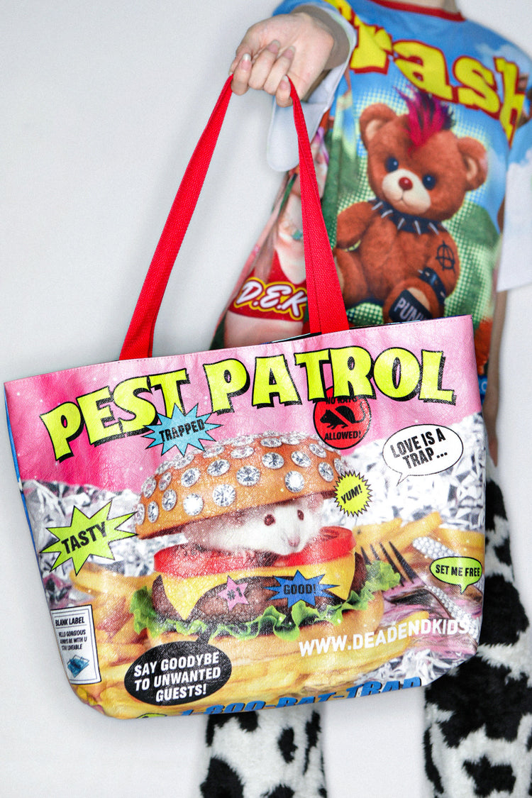 DEADENDKIDS PEST PATROL Tyvek tote bag — rear modeled view