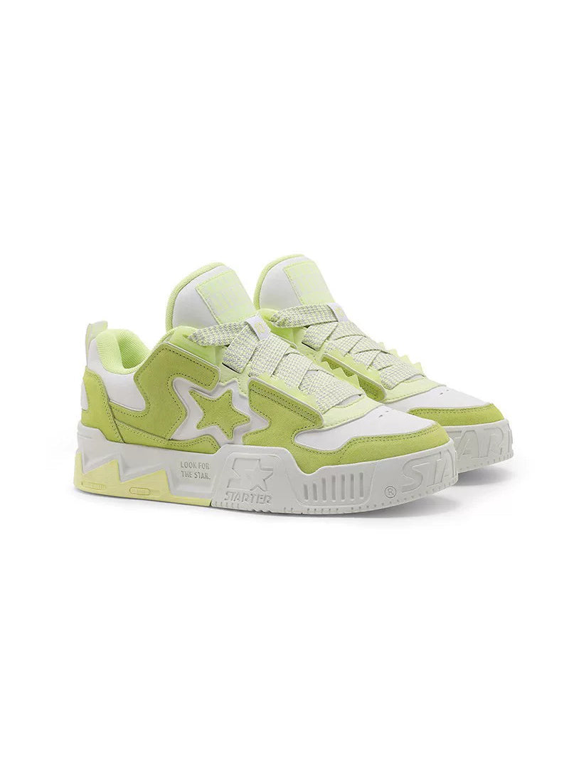 STARTER VOL 90S SONIC Lime Yellow pair in a clean three-quarter studio view with broad laces and star-panel platforms