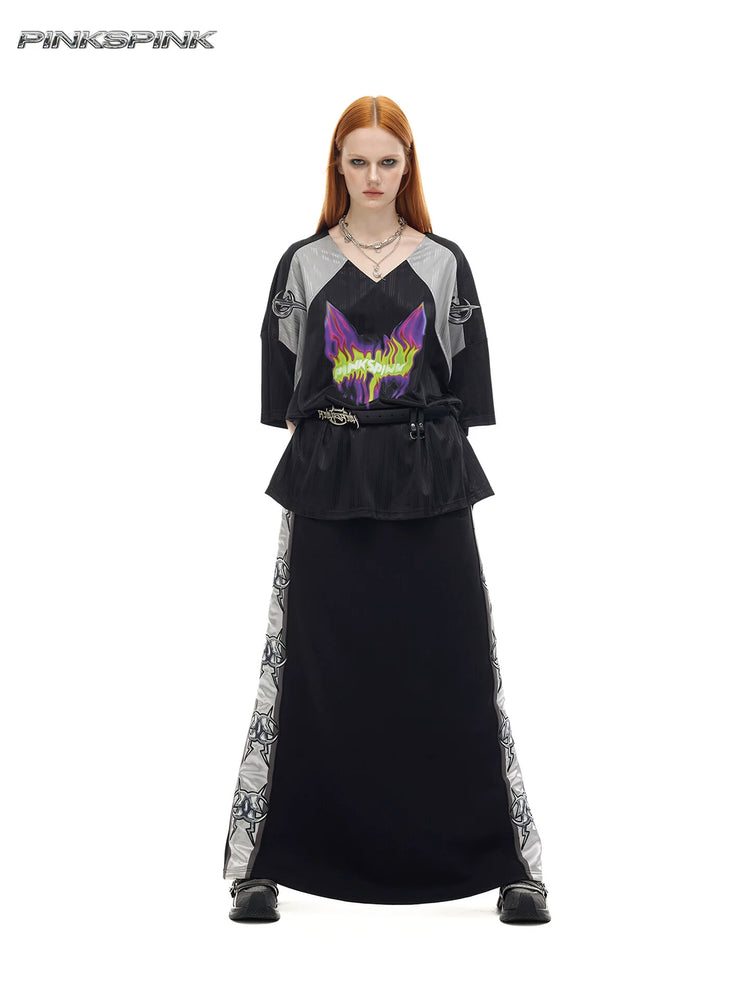 PINKSPINK FLAMECAT oversized sports jersey in black and gray — full-length belted front view showing the neon cat graphic