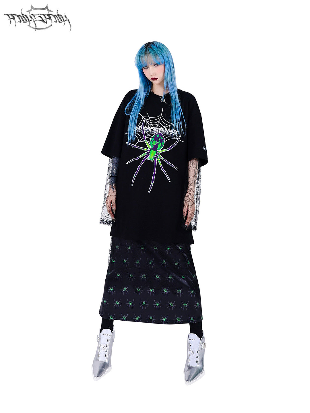 PINKSPINK SPIDER layered web-mesh midi skirt — front full-length modeled view styled with an oversized spider tee