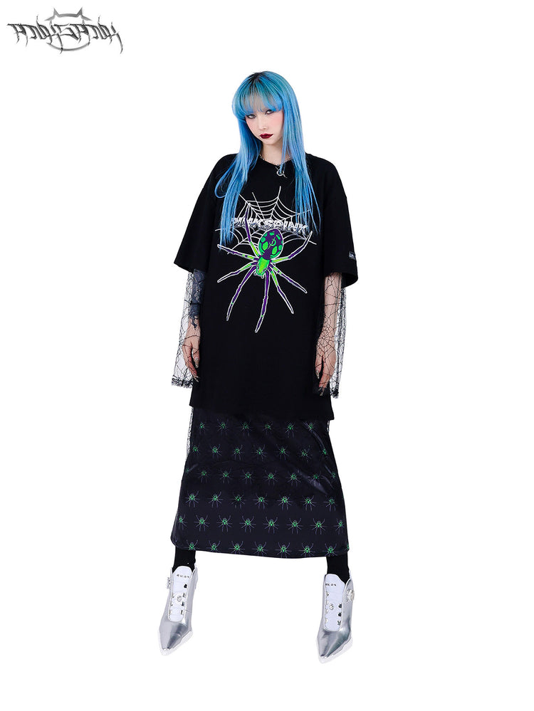 PINKSPINK SPIDER layered web-mesh midi skirt — front full-length modeled view styled with an oversized spider tee