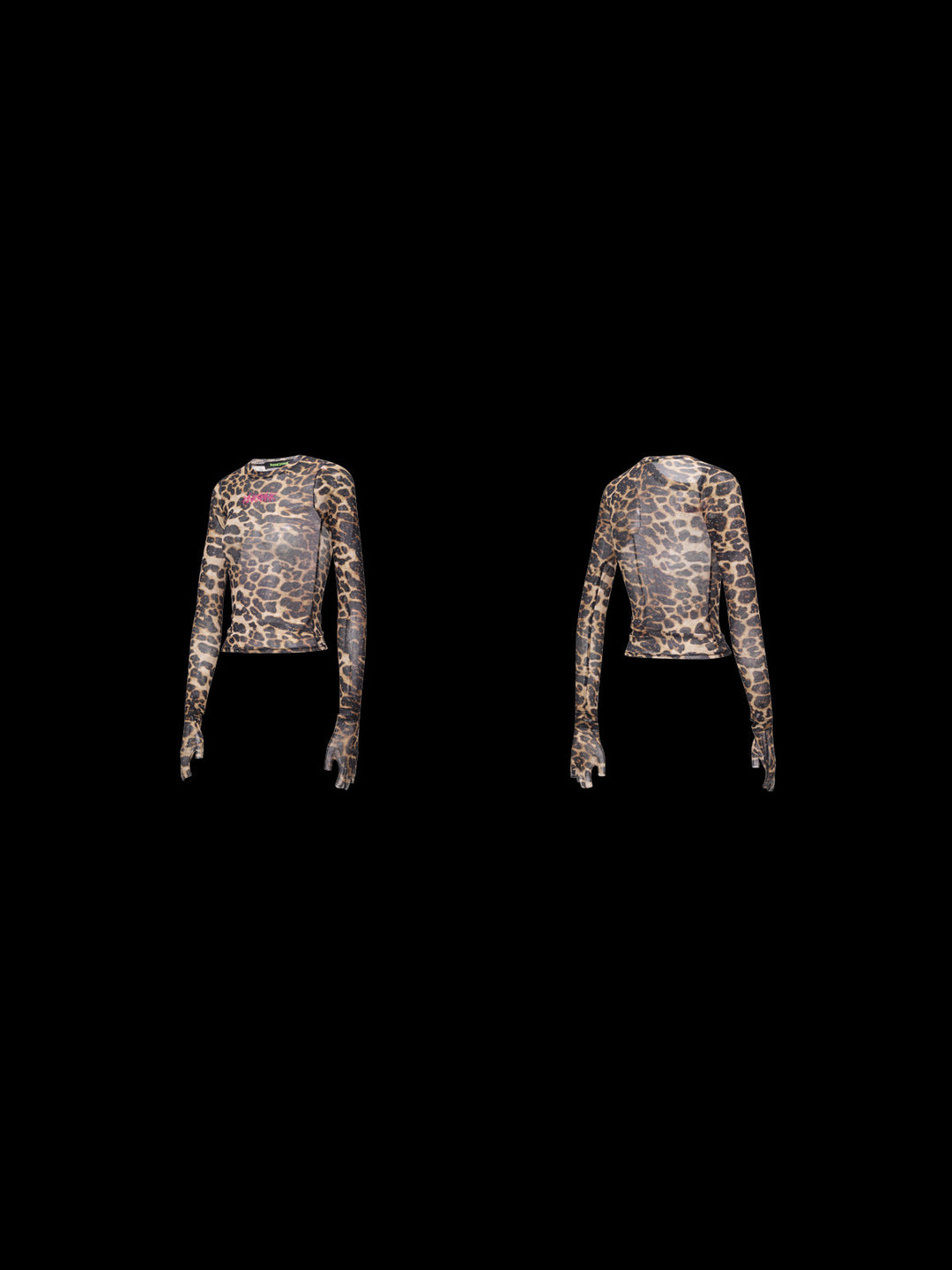 PINKSPINK VENOM rhinestone leopard mesh tee in brown leopard — front and back garment views on black