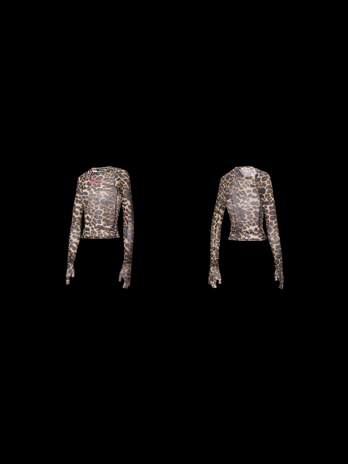 PINKSPINK VENOM rhinestone leopard mesh tee in brown leopard — front and back garment views on black