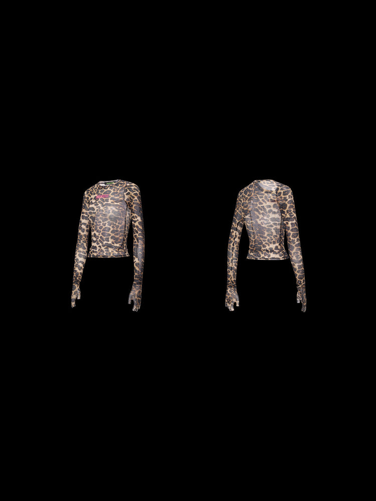PINKSPINK VENOM rhinestone leopard mesh tee in brown leopard — front and back garment views on black