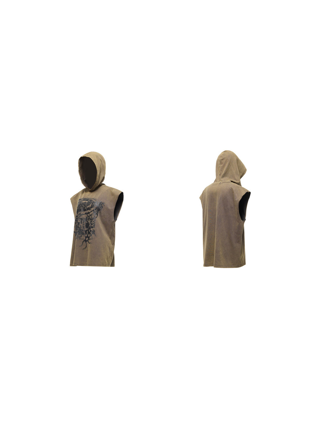 PINKSPINK COSMOS washed sleeveless hooded tee in olive green — front and back garment-only views on white