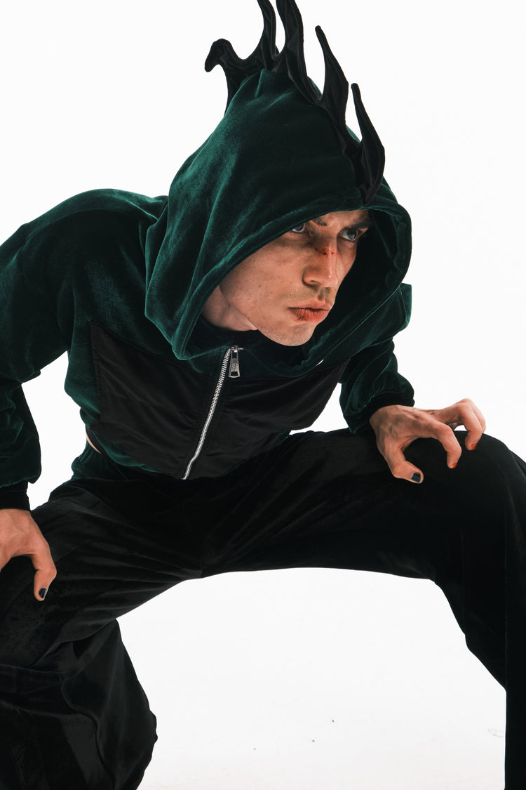 EMBRYO GREEN SPIKE cropped velvet hoodie — additional product detail view