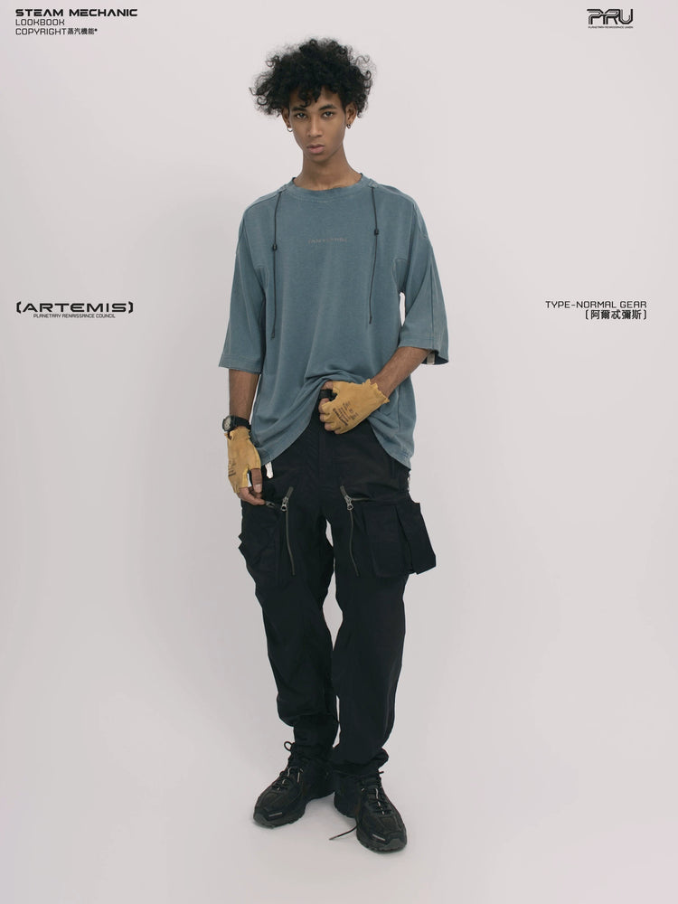 LIGHTSHADOW mycelium blue deconstructed technical tee — alternate modeled angle