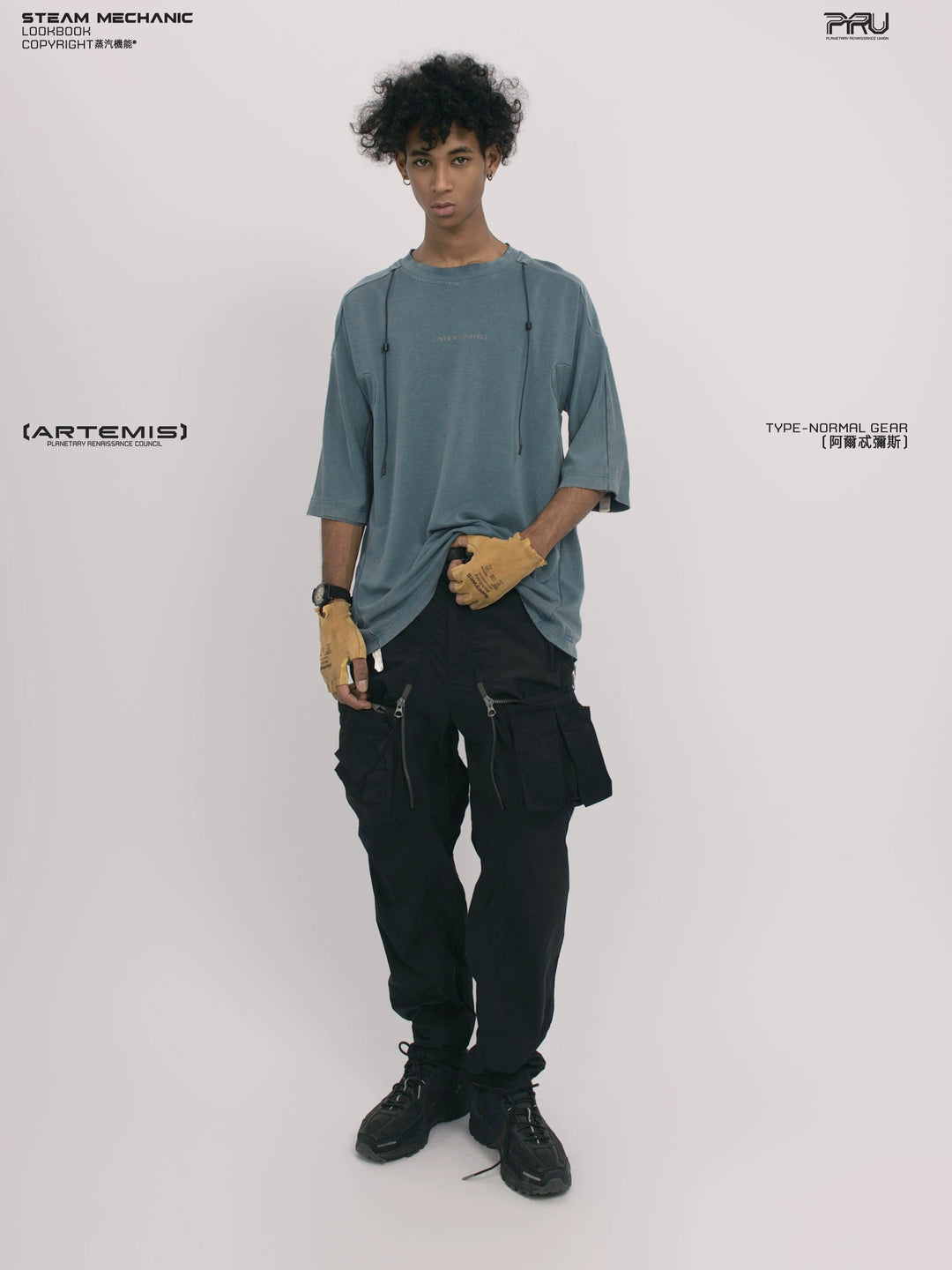 LIGHTSHADOW mycelium blue deconstructed technical tee — alternate modeled angle